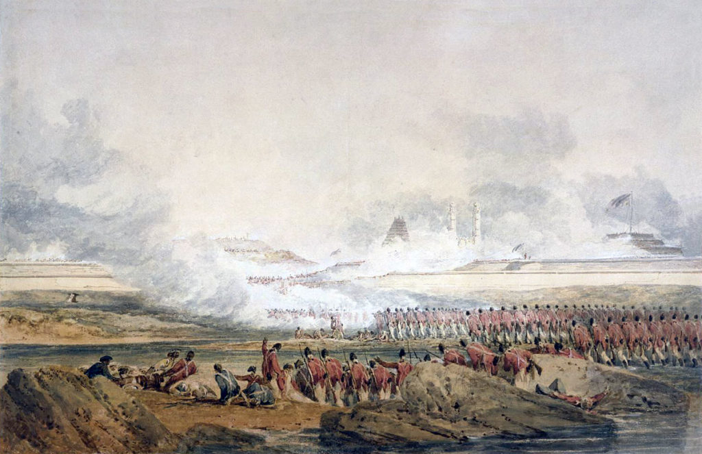 Assault columns crossing the Little Cavery River at the Storming of Seringapatam on 4th May 1799 in the Fourth Mysorean War: picture by  William Mallord Turner