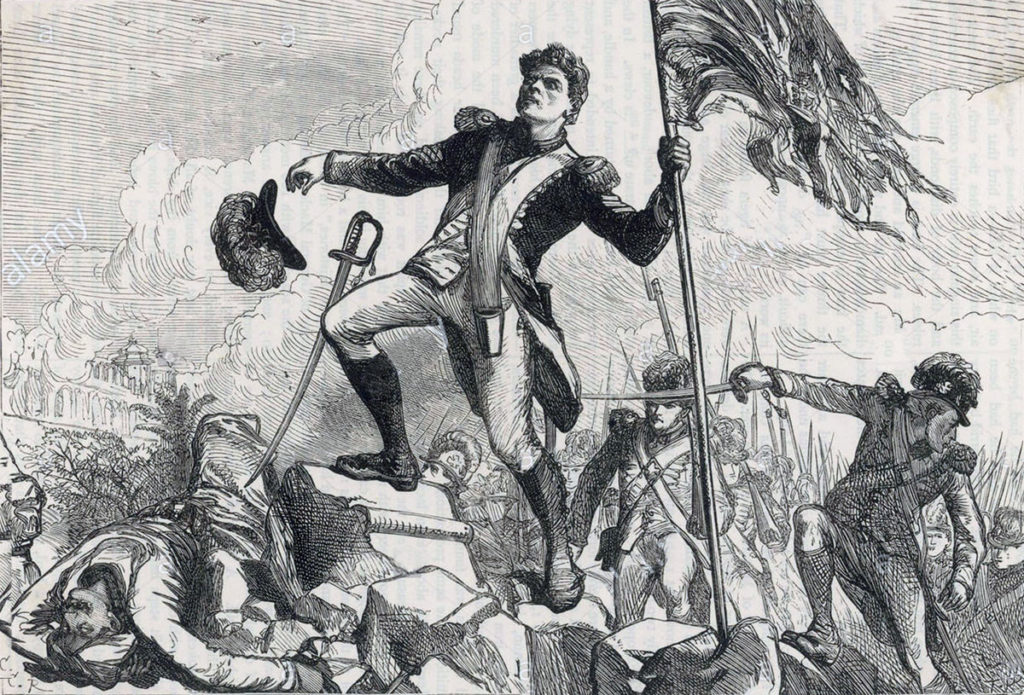 Lieutenant Graham plants the colour at the top of the breach at the Storming of Seringapatam on 4th May 1799 in the Fourth Mysore War