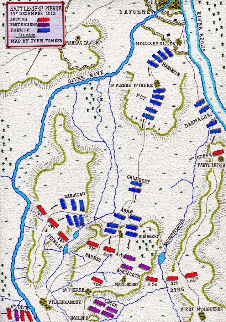 Map of the Battle of St Pierre on 13th December 1813 during the Battle of the Nive, fought from 9th to 13th December 1813 in the Peninsular War: map by John Fawkes