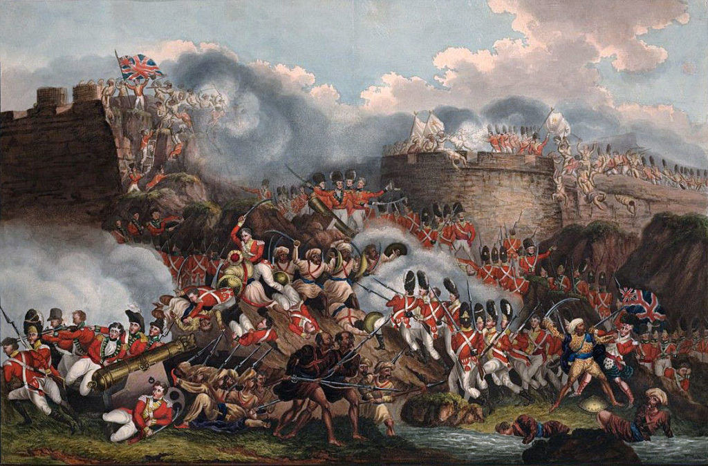British 12th Regiment attacking the breach at the Storming of Seringapatam on 4th May 1799 in the Fourth Mysorean War