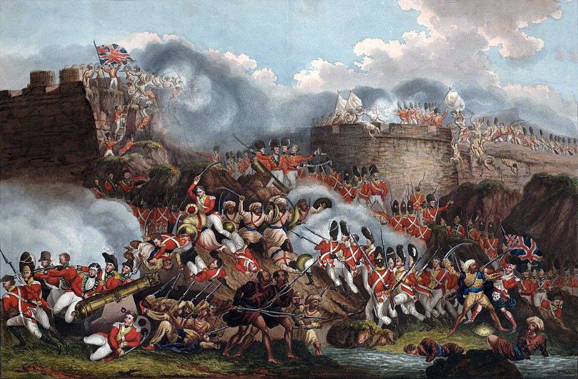 British troops attacking the breach at the Storming of Seringapatam on 4th May 1799 in the Fourth Mysorean War