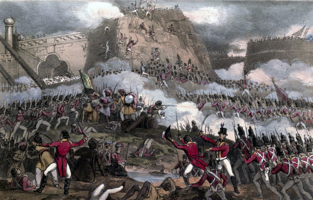 British 12th Regiment attacking the breach at the Storming of Seringapatam on 4th May 1799 in the Fourth Mysorean War