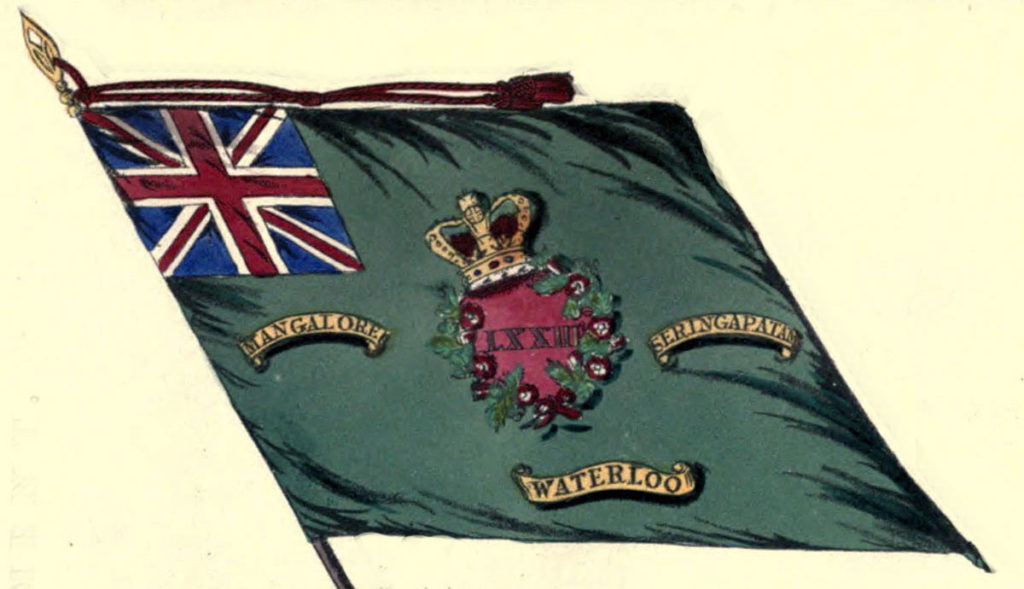 Regimental Colour of 73rd Highlanders showing 'Seringapatam' Battle Honour: Storming of Seringapatam on 4th May 1799 in the Fourth Mysore War