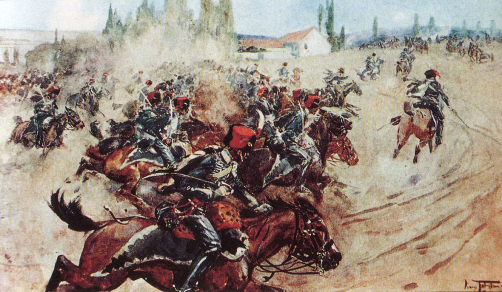 Charge of the 7th Queen's Hussars at the Battle of Orthez on 27th February 1814 in the Peninsular War