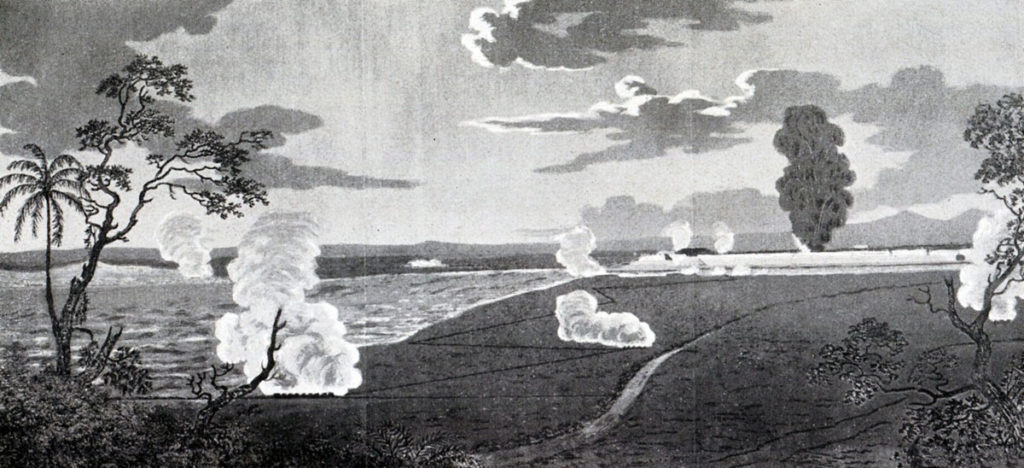 North West front of Seringapatam fortress, showing the Approaches, Batteries, the Breach and the Explosion of the Rocket Magazine: Storming of Seringapatam on 4th May 1799 in the Fourth Mysore War: contemporary illustration by Colonel Beatson