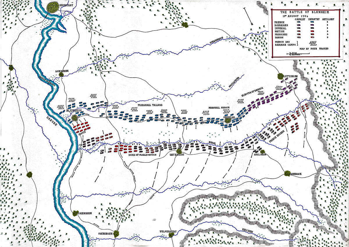 Map of the Battle of Blenheim 2nd August 1704 in the War of the Spanish Succession: map by John Fawkes