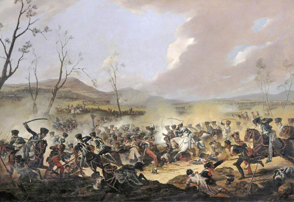 Final charge of the British light dragoons at the Battle of Orthez on 27th February 1814 in the Peninsular War: picture by Denis Dighton