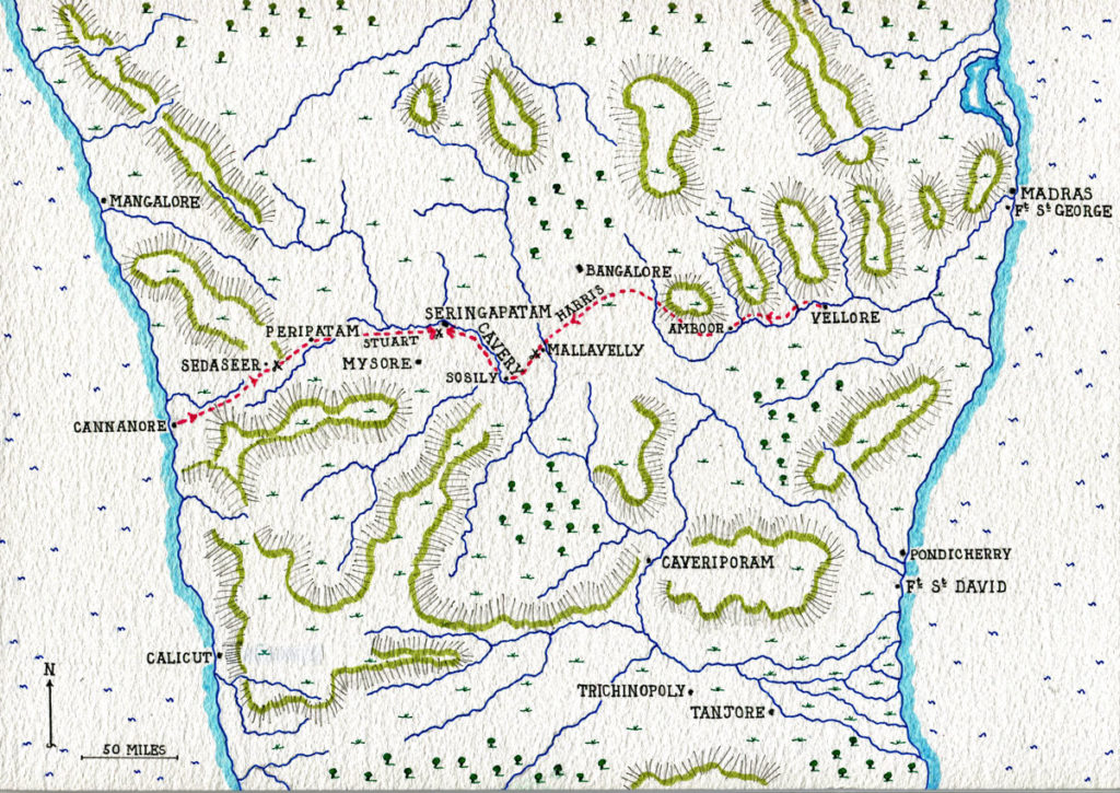 Map of Central South India showing the routes taken by the armies of General Harris (from Vellore in the east) and General Stuart (from Cannanore in the west): Storming of Seringapatam on 4th May 1799 in the Fourth Mysore War: map by John Fawkes