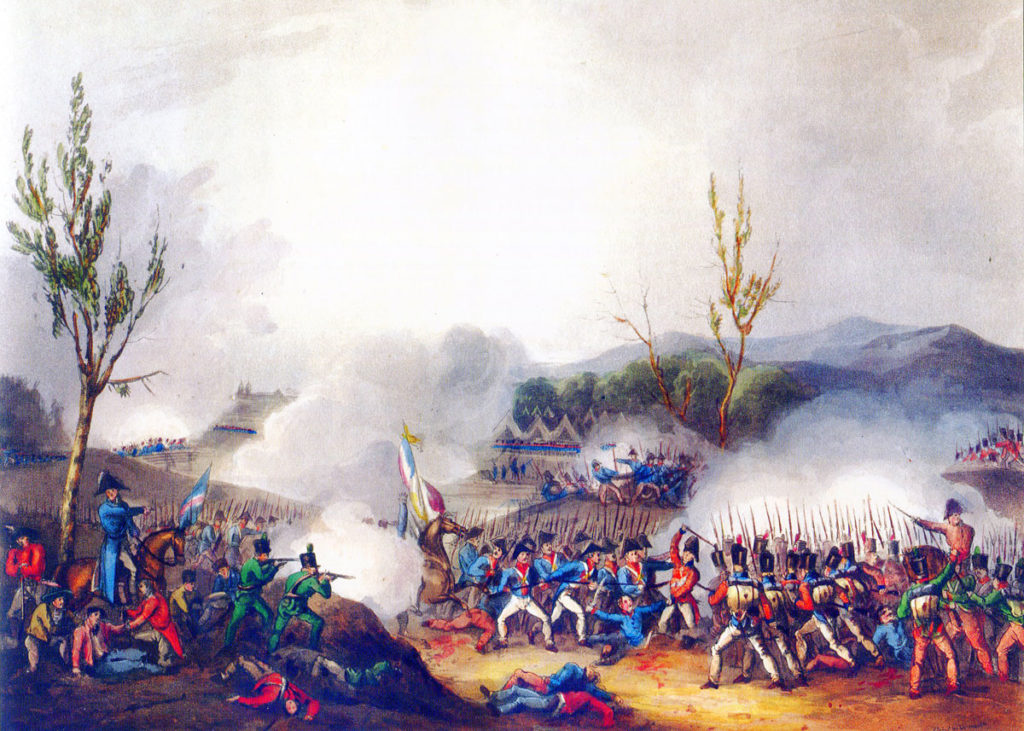 Battle of St Pierre on 13th December 1813 during the Battle of the Nive, fought from 9th to 13th December 1813 in the Peninsular War: picture by J.J. Jenkins