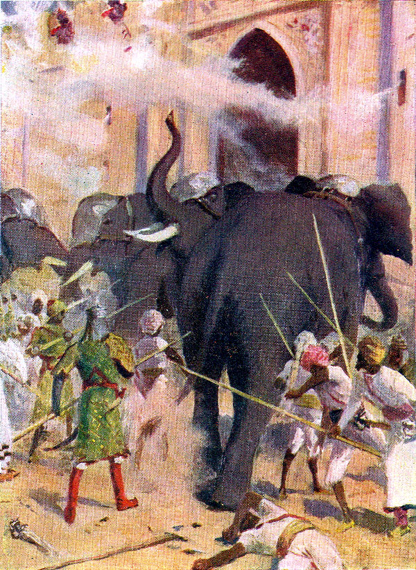Elephants battering at the gates of Arcot Fort: Siege of Arcot 31st August to 15th November 1751 in the War in India