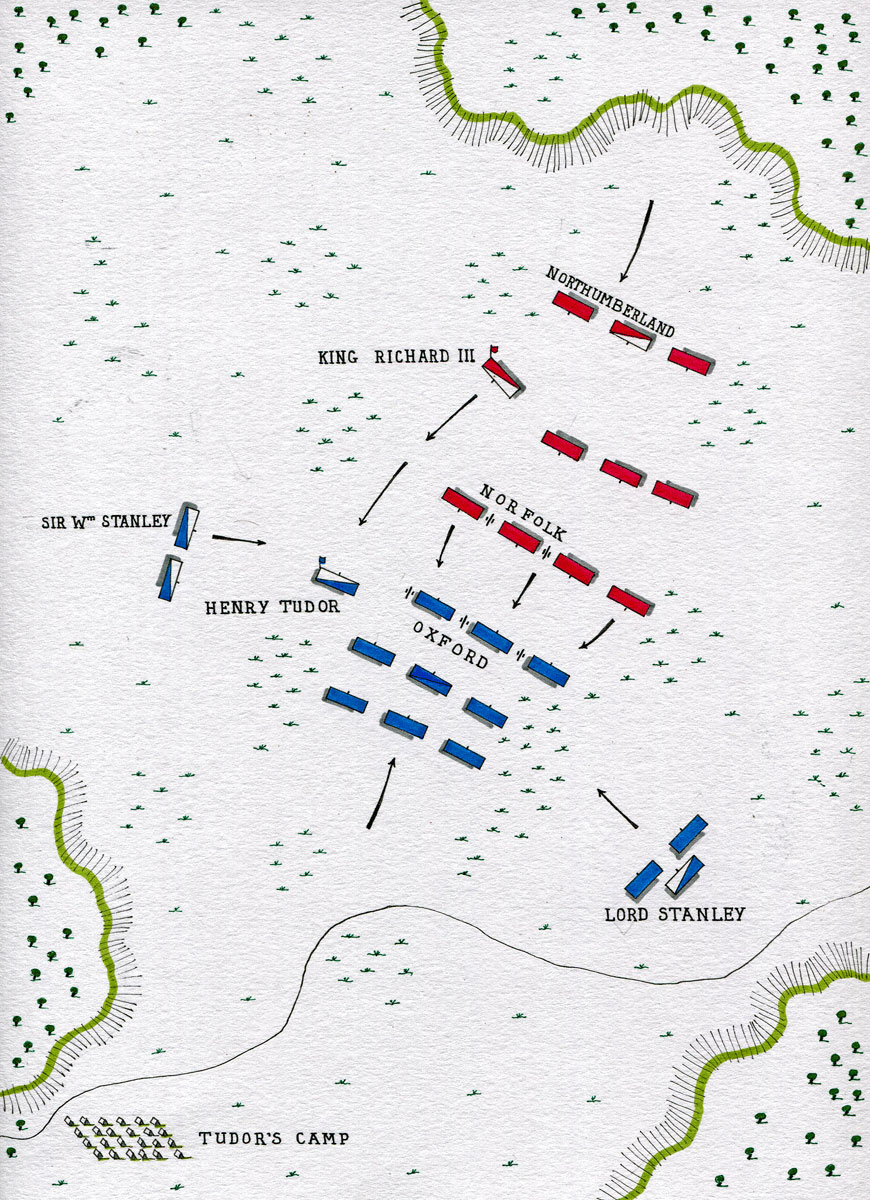 Map of the Battle of Bosworth Field on 22nd August 1485 in the Wars of the Roses: map by John Fawkes