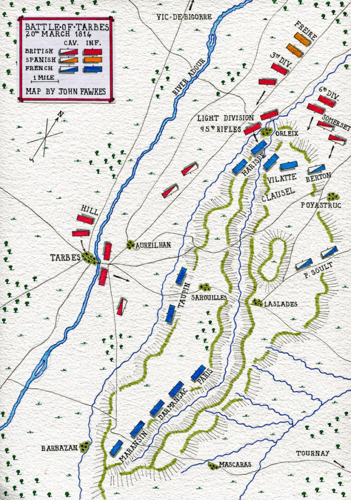 Map of the Battle of Tarbes on 20th March 1814 in the Peninsular War: map by John Fawkes