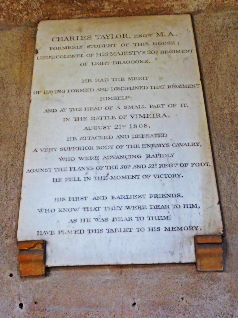 Memorial to Lieutenant Colonel Charles Taylor, killed at the Battle of Vimeiro on 21st August 1808 in the Peninsular War