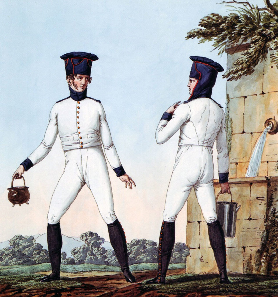 French Line Infantry in linen fatigues: Battle of Vimeiro  on 21st August 1808 in the Peninsular War: picture by Vernet