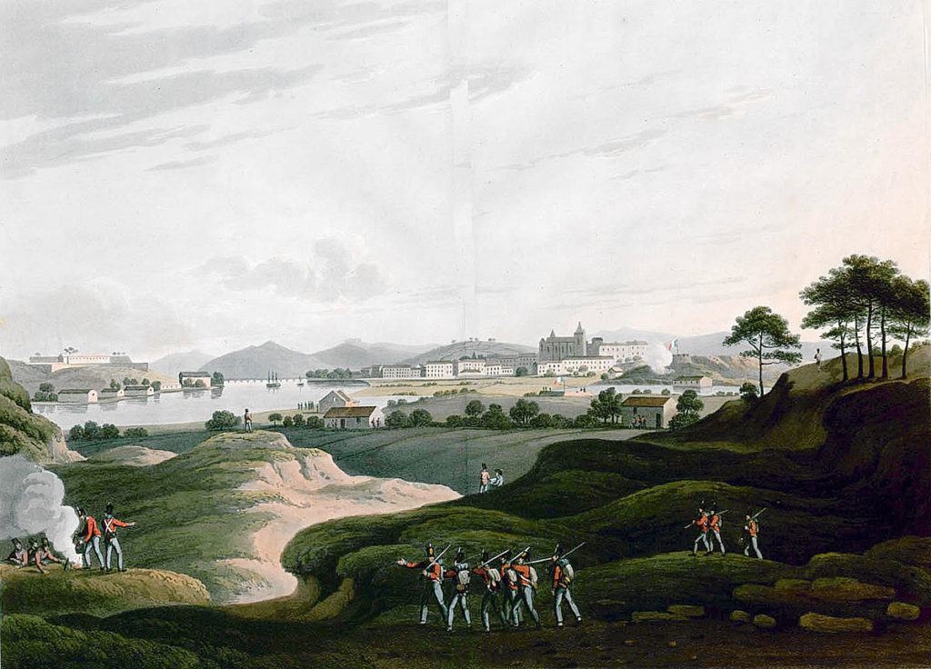 View of Bayonne from the south bank of the River Adour: Sortie from Bayonne on 14th April 1814 in the Peninsular War: the Citadel is in the left background