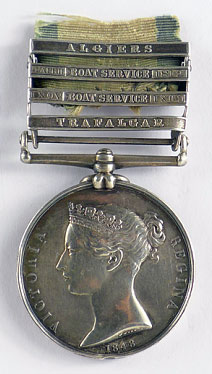 George Perceval's Naval General Service Medal 1847 with clasp for the Battle of Trafalgar on 21st October 1805 during the Napoleonic Wars