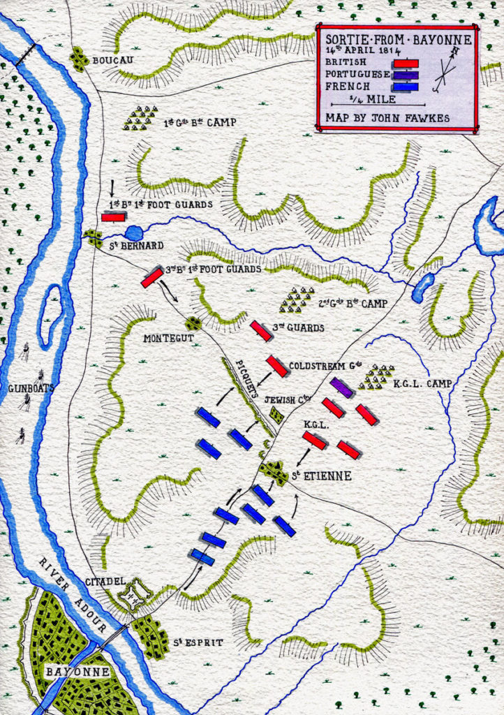 Map of the Sortie from Bayonne on 14th April 1814 in the Peninsular War: map by John Fawkes