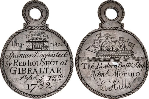 Medal struck in Gibraltar commemorating the use of 'Red Hot Shot' in the Great Siege of Gibraltar from 1779 to 1783 during the American Revolutionary War