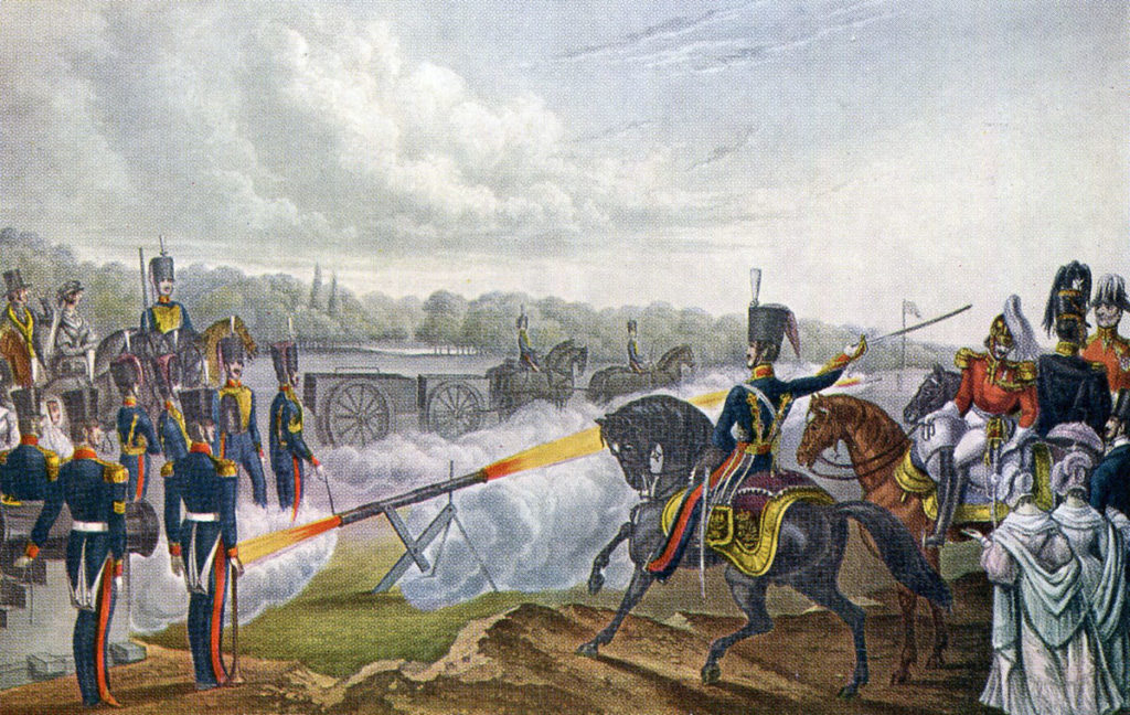 Royal Artillery firing a Congreve Rocket in the 1820s: Battle of Toulouse on 10th April 1814 in the Peninsular War