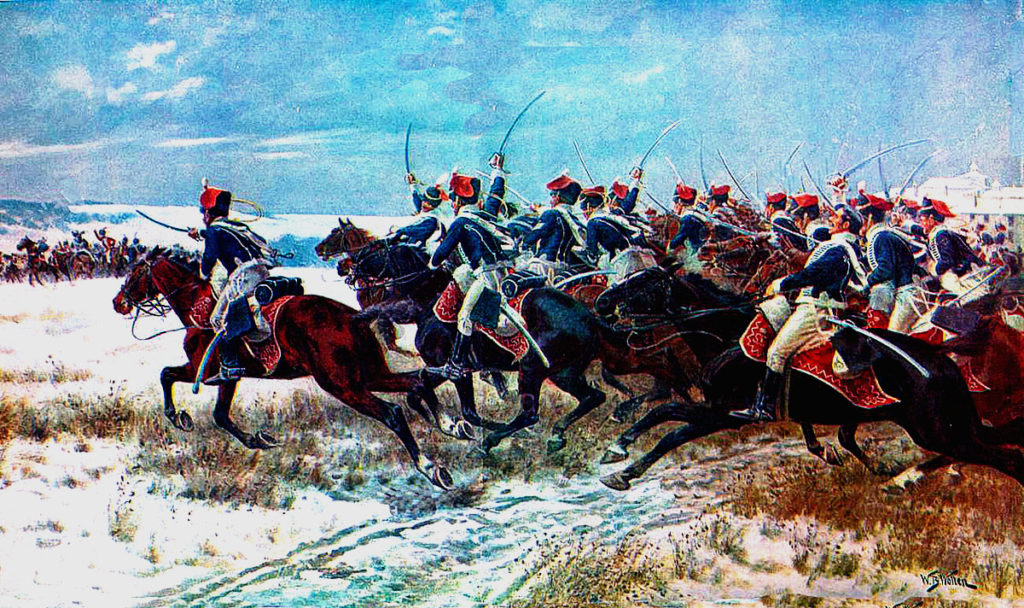 Charge of Lord Paget's force of 7th, 10th and 18th Hussars in the Battle of Benevente on 29th December 1808 in the Peninsular War: picture by William Barnes Wollen