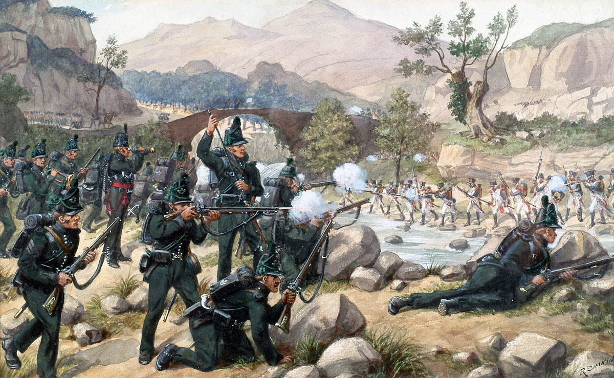 British 95th Rifles confronting the French 4th Light Infantry at the Battle of Cacabelos on 3rd January 1809 in the Peninsular War: picture by Richard Simkin