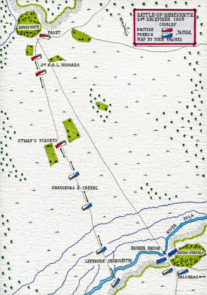 Map of the Battle of Benavente on 29th December 1808 in the Peninsular War: map by John Fawkes