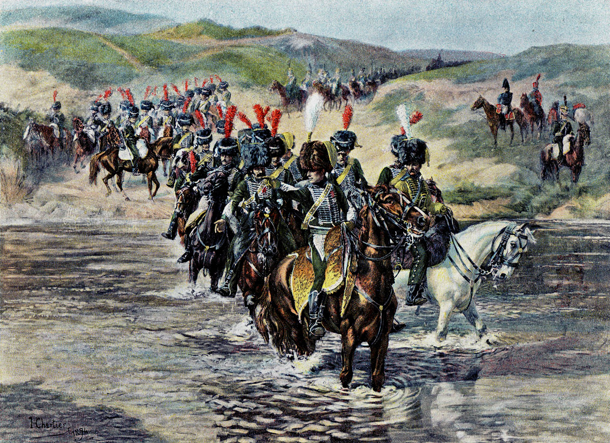 Chasseurs à Cheval of the Imperial Guard crossing the River Esla at Castro-Gonzalo in the Battle of Benevente on 29th December 1808 in the Peninsular War
