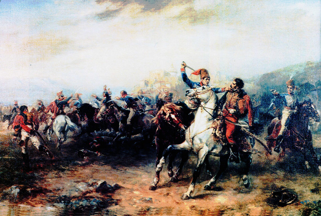 Private Levi Grisdall of the 10th Hussars seizes General Lefebvre-Desnoëttes during the Battle of Benevente on 29th December 1808 in the Peninsular War