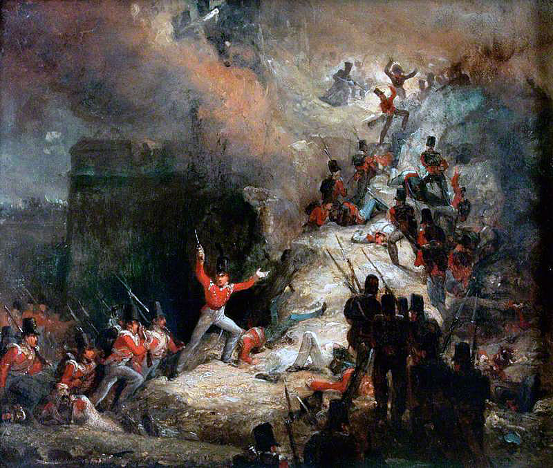 Lieutenant Colonel Macleod leading the 43rd Light Infantry in the Storming of Badajoz on 6th April 1812 in the Peninsular War: picture by John Augustus Atkinson