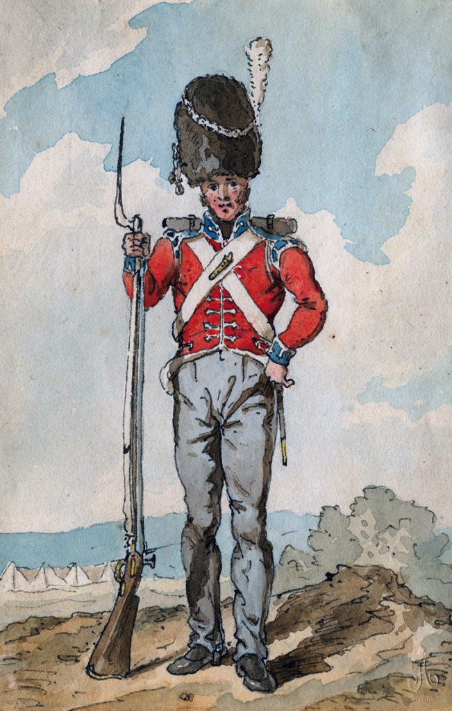 Grenadier, British First Foot Guards: Battle of the Nive on 11th December 1813 in the Peninsular War: picture by John Augustus Atkinson