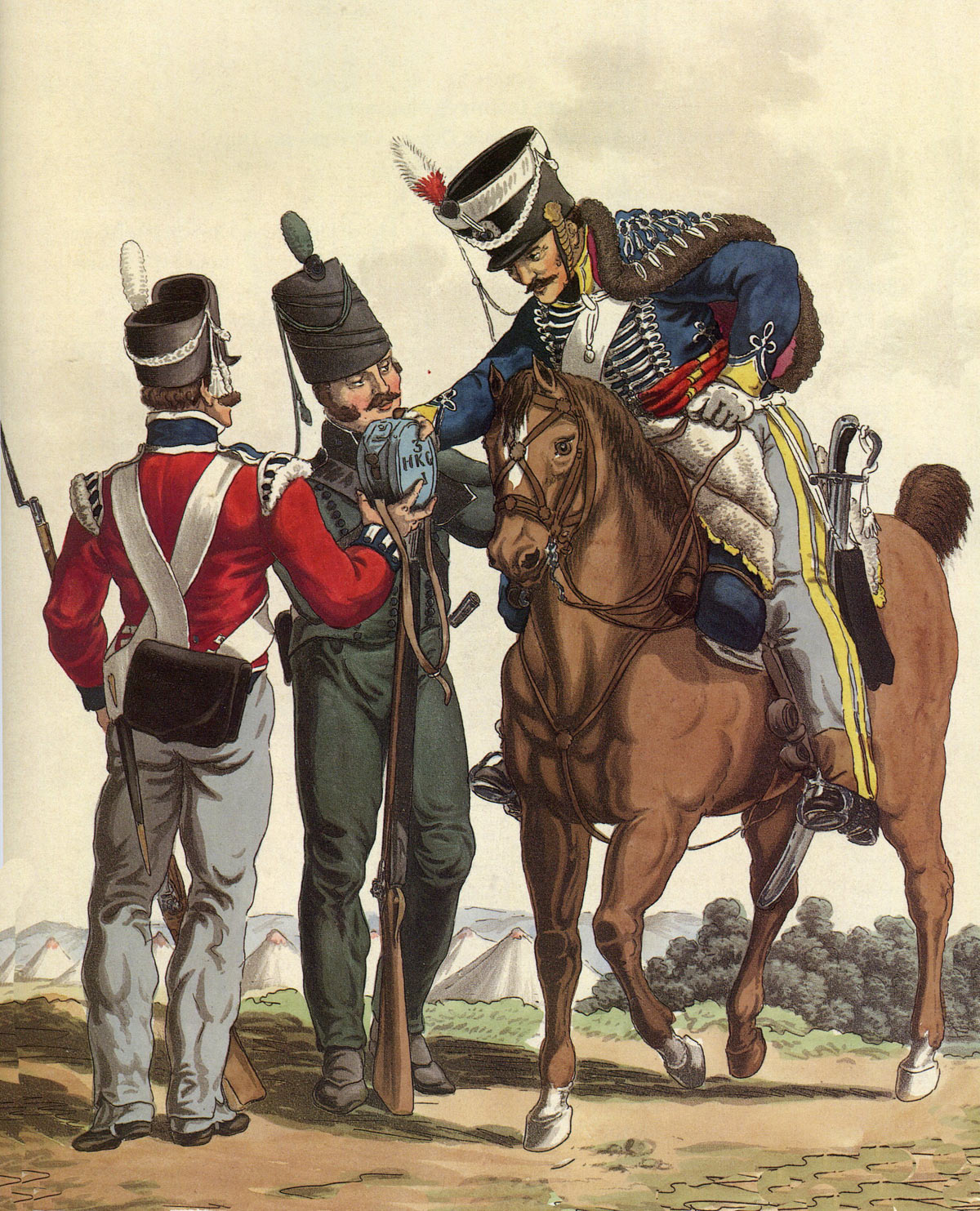 Infantry, Light Infantry and Hussar of the King’s German Legion: Battle of Talavera on 28th July 1809 in the Peninsular War: picture by Charles Hamilton Smith