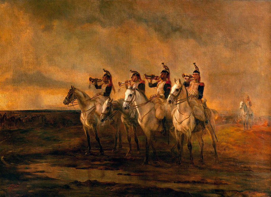 'Last Reveille' sounded by French Dragoons: Dawn of the Battle of Waterloo on 18th June 1815: picture by Lady Butler