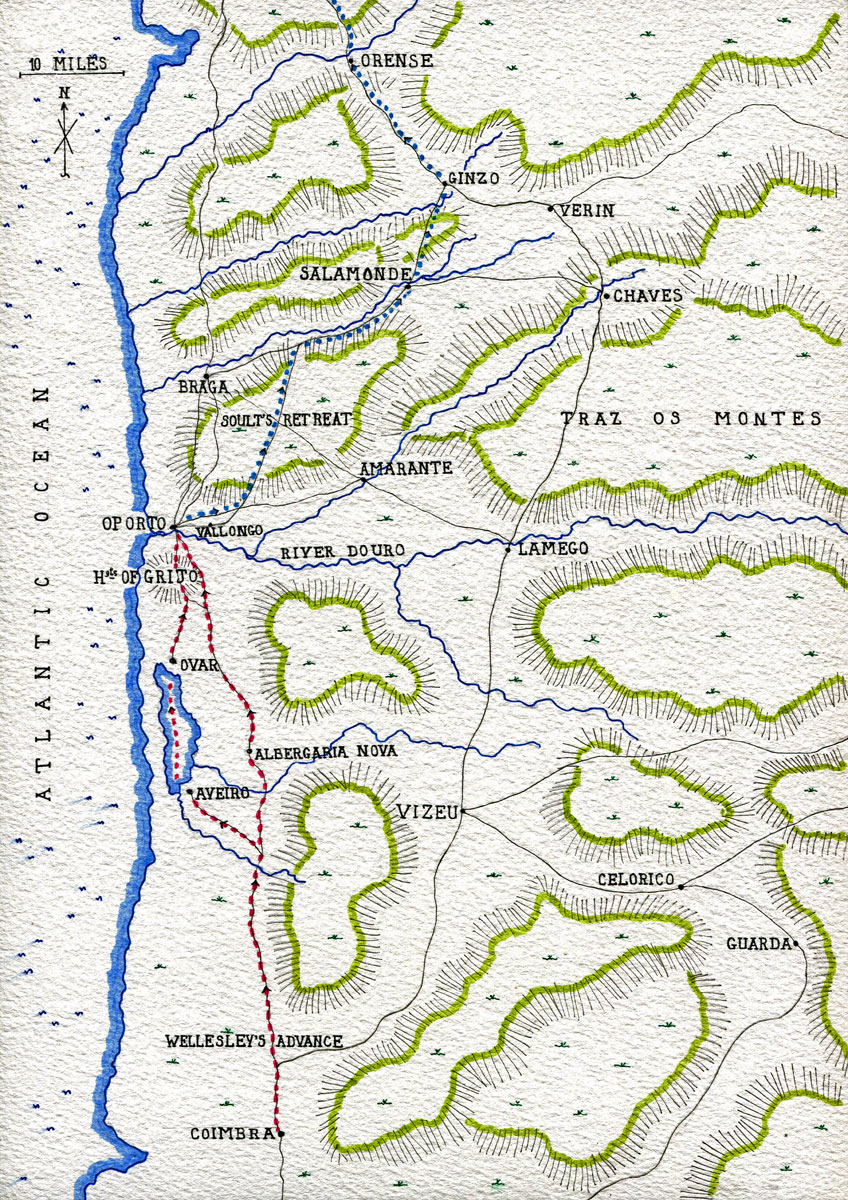 Map of Central Portugal: Battle of the Passage of the Douro on 12th May 1809 in the Peninsular War: map by John Fawkes