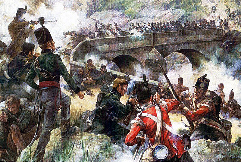 British Light Division defending the bridge at the Battle of the River Coa on 24th July 1810 in the Peninsular: picture by Christa Hook