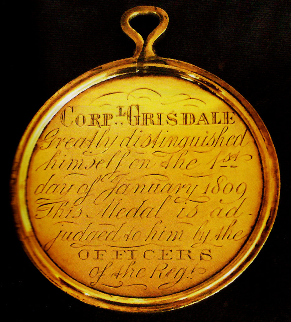 Medal awarded to Corporal Levi Grisdale for capturing General Lefebvre-Desnoëttes at the Battle of Benavente on 29th December 1808 in the Peninsular War