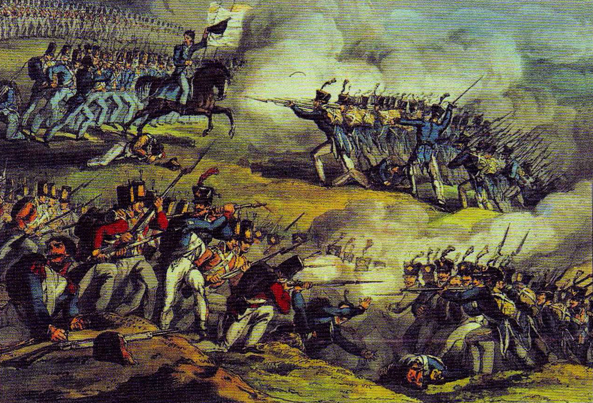 British and Portuguese infantry drive the French back down the hill at the Battle of Busaco on 27th September 1810 in the Peninsular War