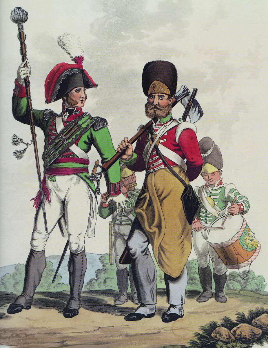 Drum-Major, Pioneer, Sergeant and Drummer of British Infantry: picture by Hamilton-Smith