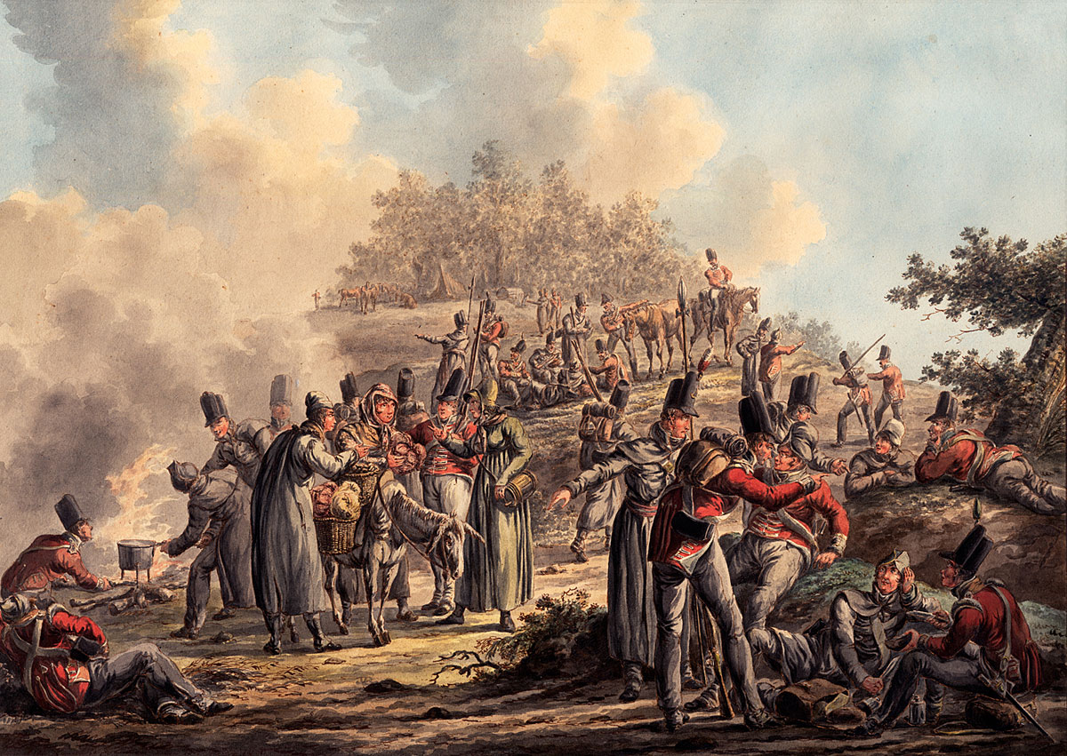 British troops bivouacking on the Serra de Busaco before the Battle of Busaco on 27th September 1810 in the Peninsular War: picture by Langenkjik