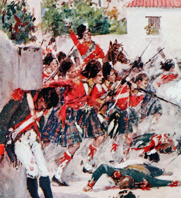 79th Cameron Highlanders attacking the village of Fuentes de Oñoro during the Battle of Fuentes de Oñoro on 3rd May 1811 in the Peninsular War