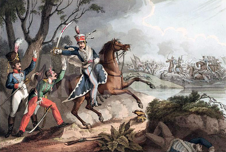 Capture of 2 French cavalry officers at the Battle of Campo Maior on 25th March 1811 in the Peninsular War: picture by William Heath