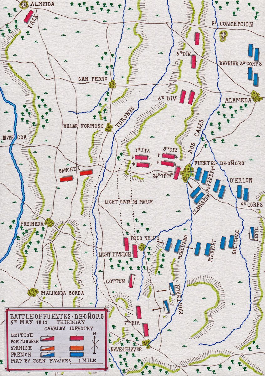 Map of the Battle of Fuentes de Oñoro on 5th May 1811 (third day) in the Peninsular War: map by John Fawkes