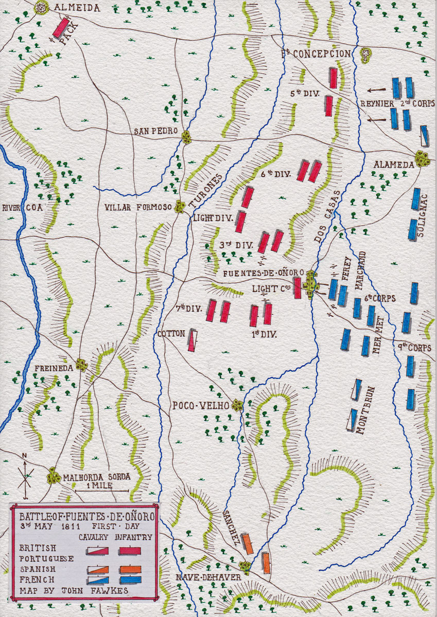 Map of the Battle of Fuentes de Oñoro on 3rd May 1811 (First Day) in the Peninsular War: map by John Fawkes