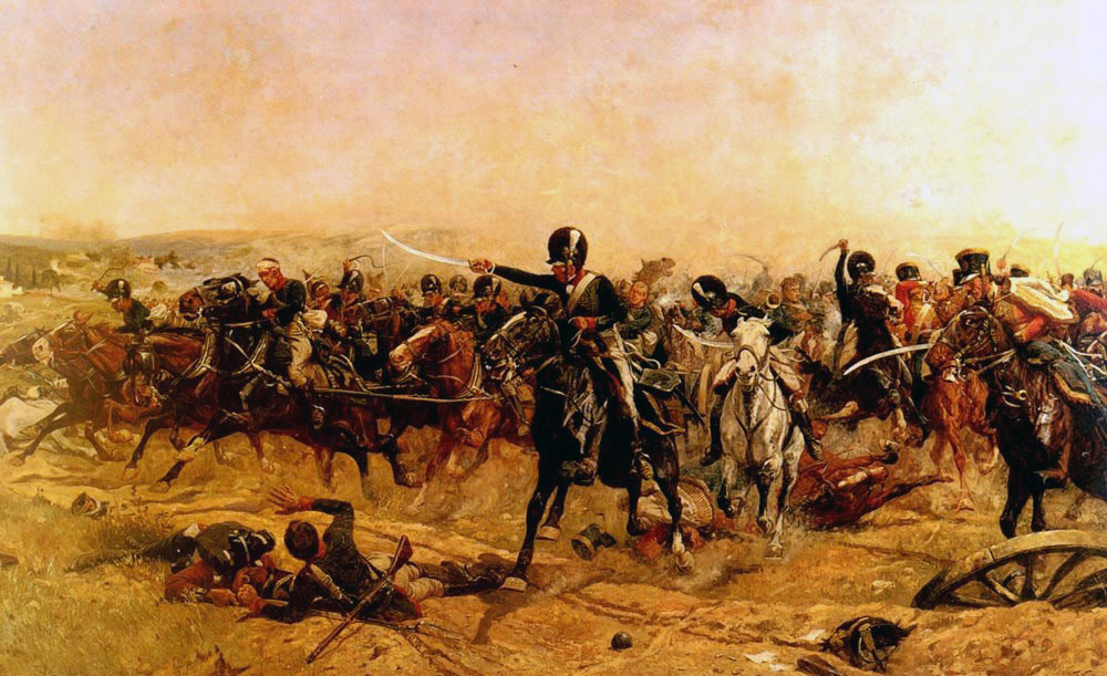 Escape of Captain Norman Ramsay with the 2 guns of Bull's Troop at the Battle of Fuentes de Oñoro on 5th May 1811 in the Peninsular War: picture by William Barnes Wollen