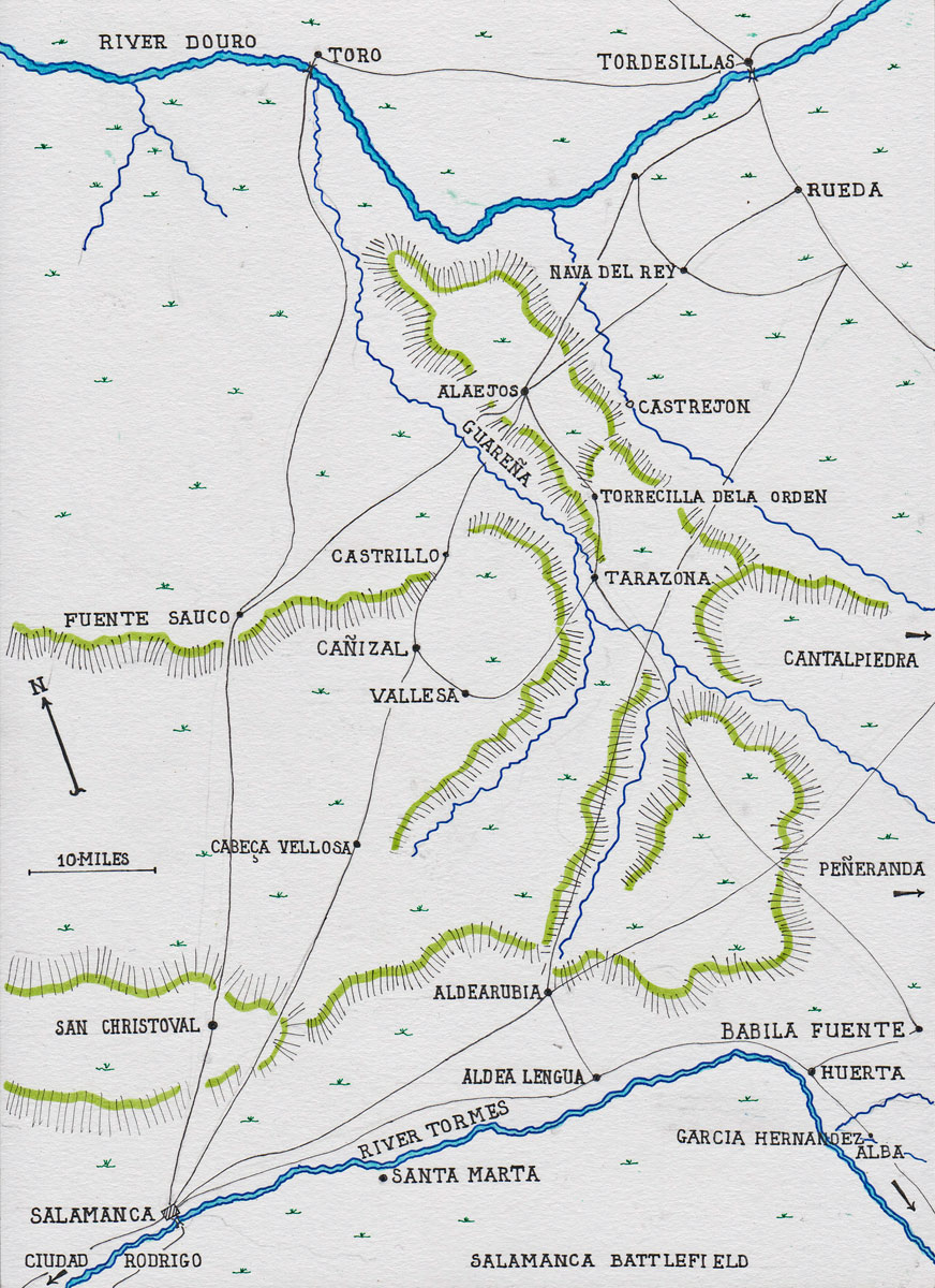 Map of the area of Spain between Salamanca on the River Tormes and Tordesillas on the River Douro: Battle of Salamanca on 22nd July 1812 during the Peninsular War, also known as the Battle of Los Arapiles or Les Arapiles: map by John Fawkes