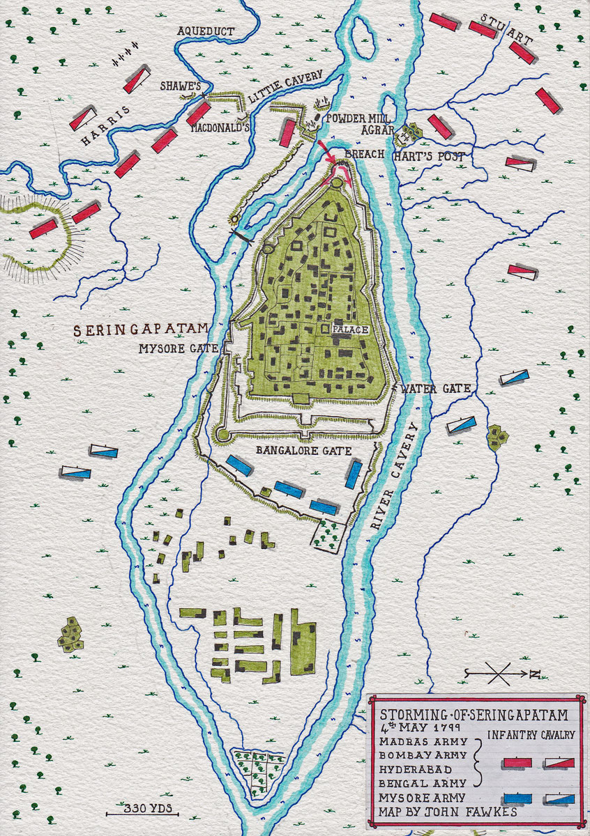 Map of the Storming of Seringapatam on 4th May 1799 in the Fourth Mysore War: map by John Fawkes