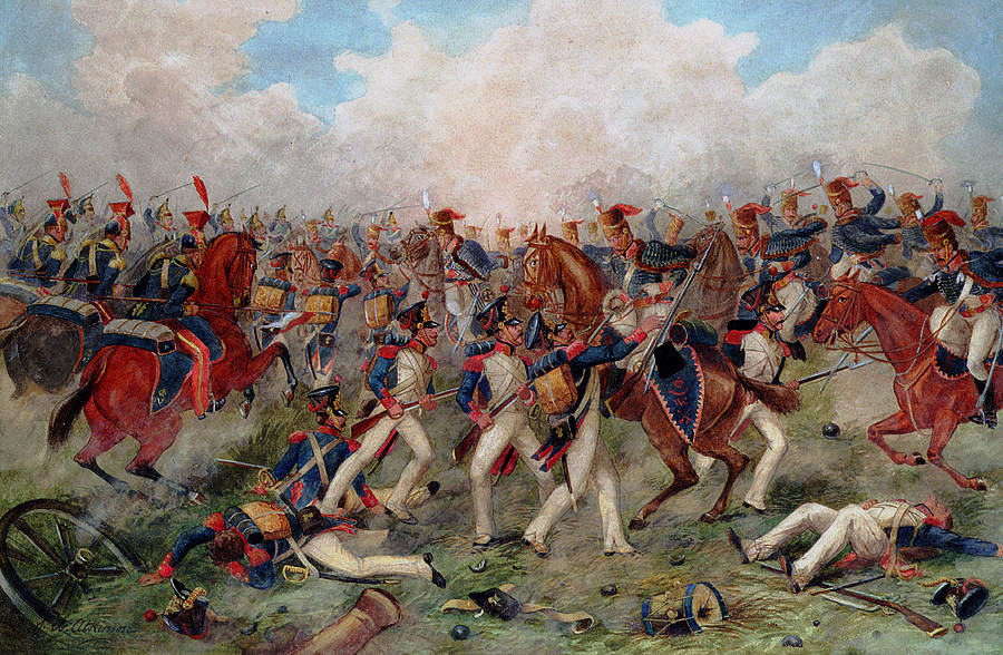British Hussar Brigade attacks Sarrut's Division at the Battle of Vitoria on 21st June 1813 during the Peninsular War: picture by John Augustus Atkinson