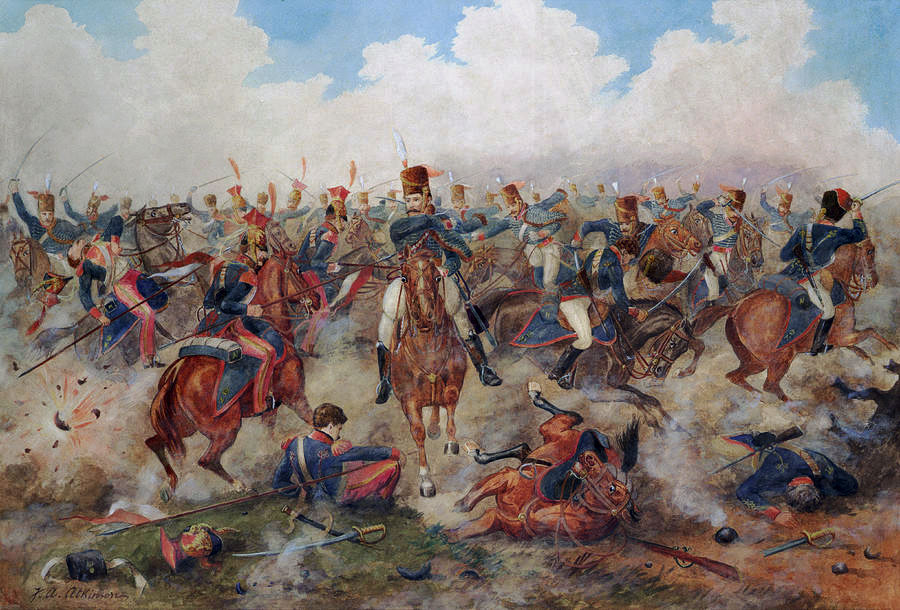 British Hussar Brigade repels Digeon's Division at the Battle of Vitoria on 21st June 1813 during the Peninsular War: picture by John Augustus Atkinson