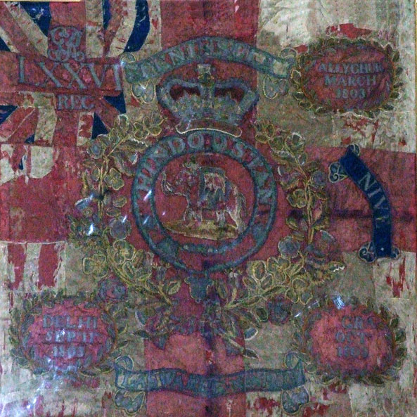 Regimental Colour awarded to HM 76th Regt showing the Battle Honour 'Hindoostan' with an Elephant.