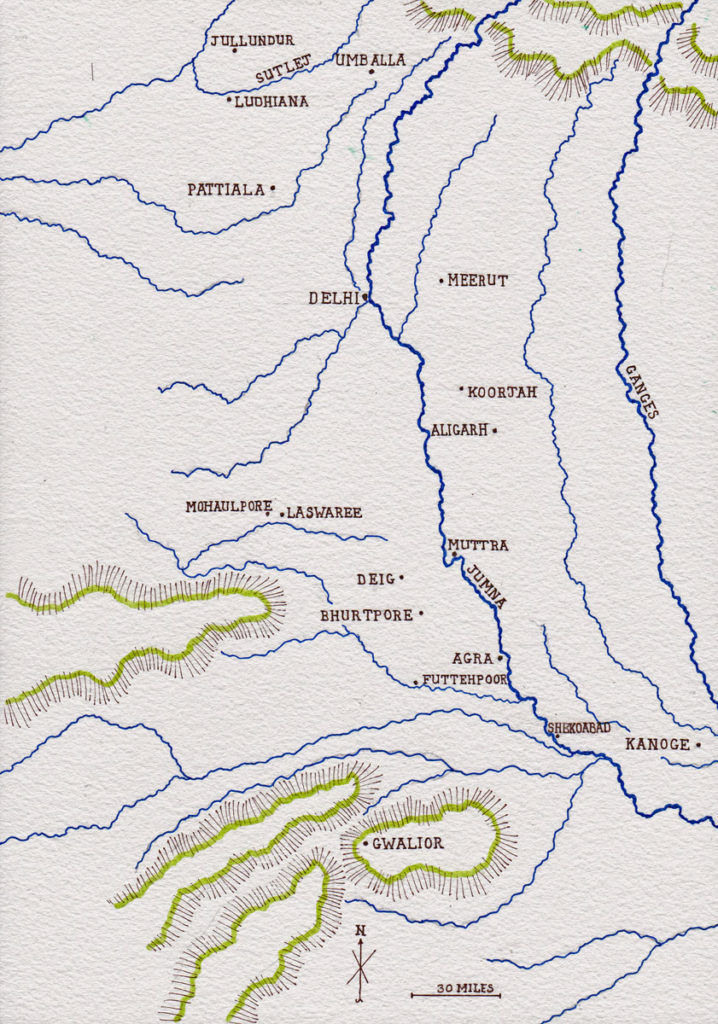 Map of central northern India: Battle of Laswaree on 1st November 1803 in the Second Mahratta War: map by John Fawkes