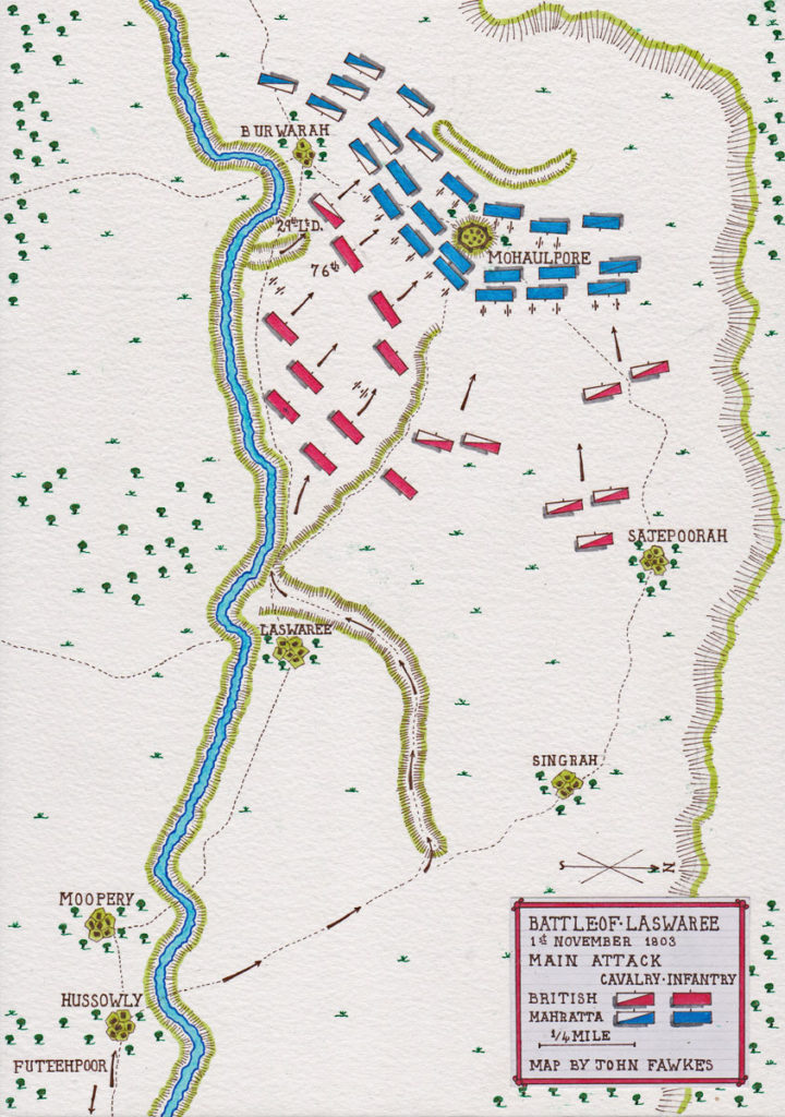 Map of Lake's main attack at the Battle of Laswaree on 1st November 1803 in the Second Mahratta War: map by John Fawkes